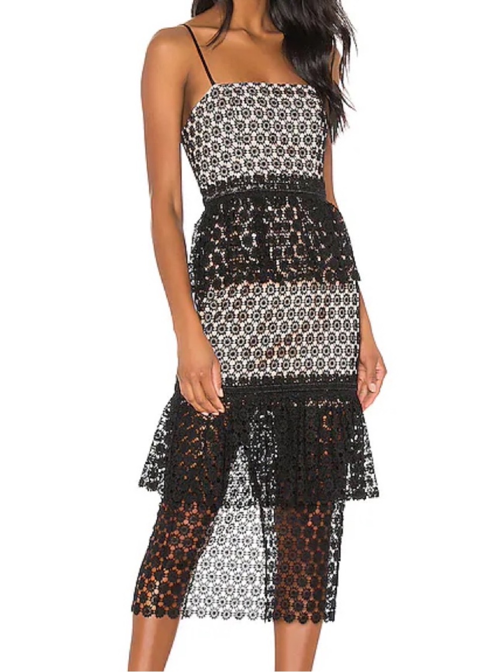 NBD Dolores Floral Lace Tiered Midi Dress